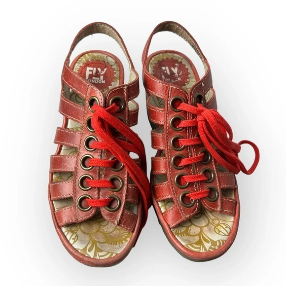 Fly  London Yito Red Lace-Up Slingback Wedge Sandals 36 - Picture 3 of 9